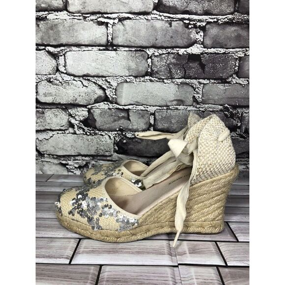 Saks Fifth Ave Ivory Fabric Sequin Ankle Lace Wedge Espadrilles Sandals Women 6M - Picture 12 of 16